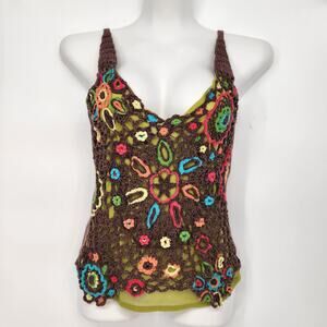 Y2K Cartise Brown Chartreuse Boho Hippie Crochet Floral Vtg Women's Tank Top M